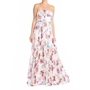 NEW MONIQUE LHUILLIER floral pleated satin strapless gown in peony dream